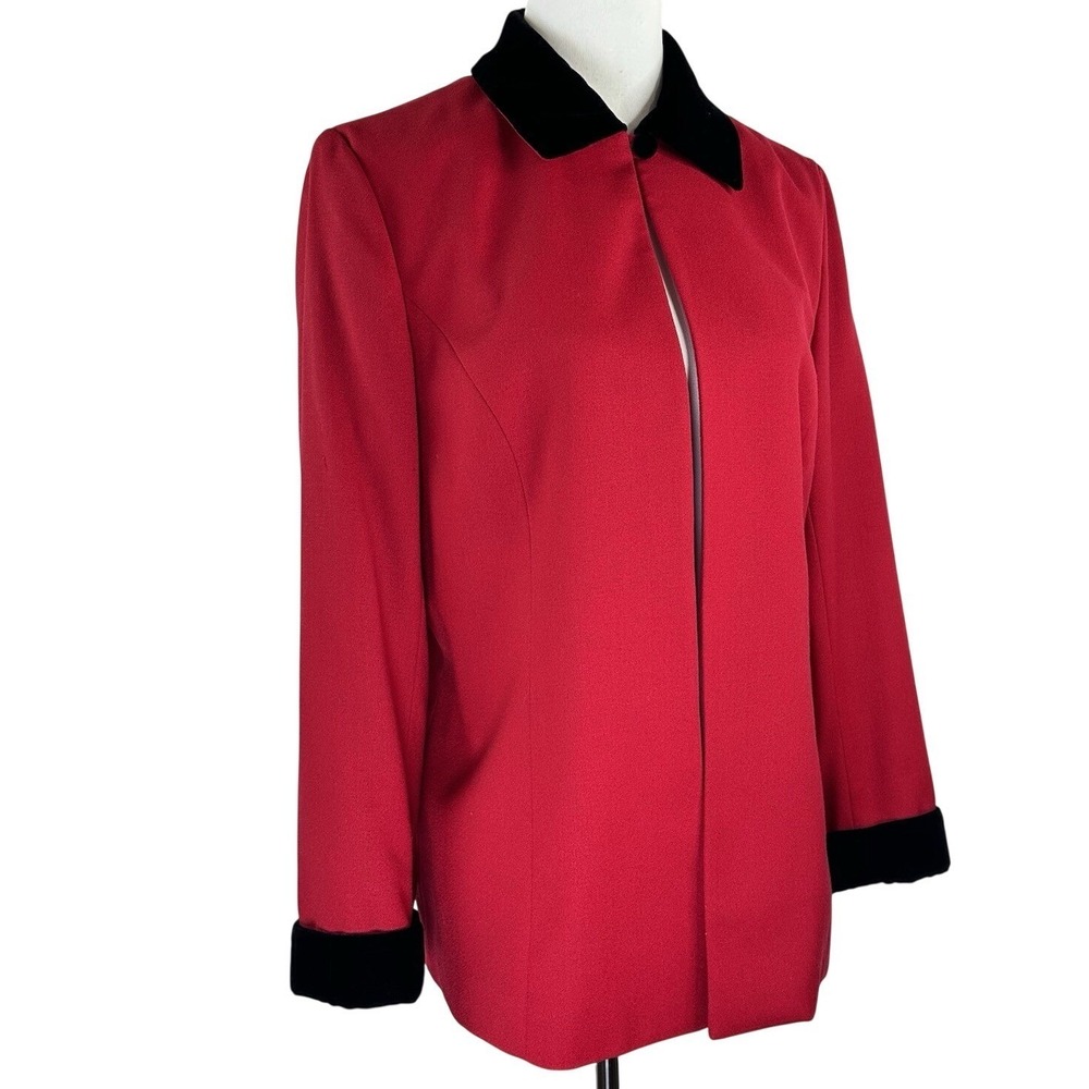 Talbots Red Black Velvet 100%‎ Wool Open Front Blazer Jacket Petites 12 READ